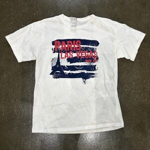 Paris Las Vegas Shirt Mens Large White Eiffel Tower Graphic Tee T-Shirt Souvenir
